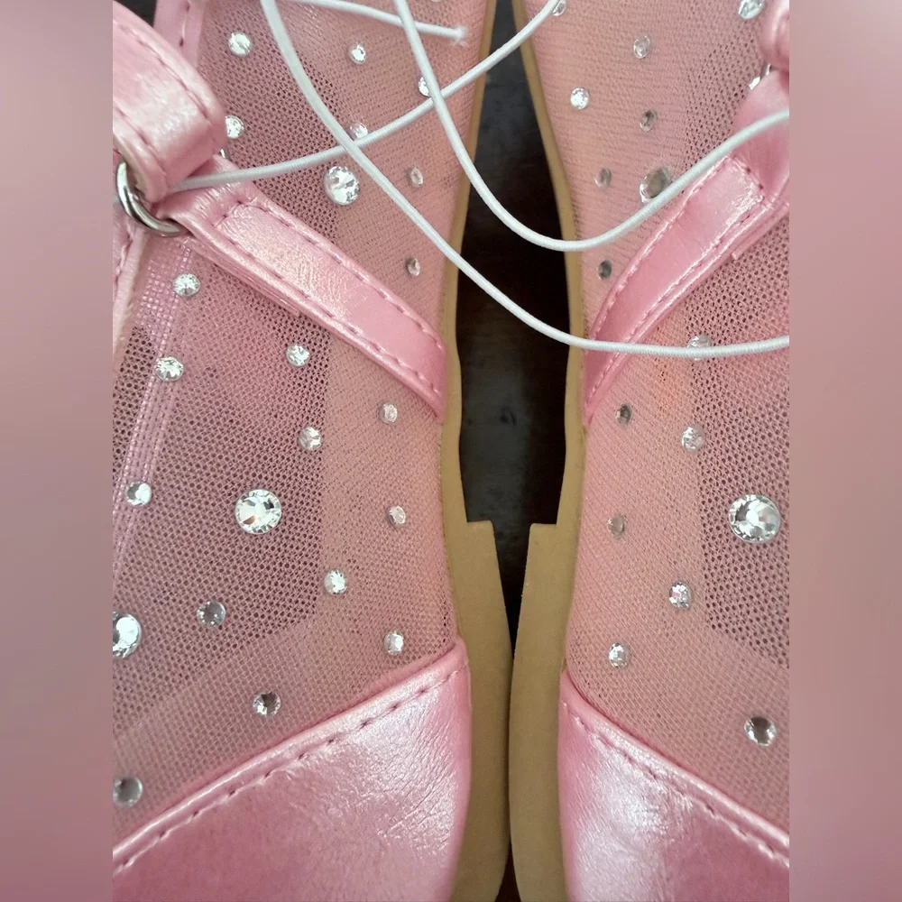 Sugar  Flats Shoes Big Girl Size 3M – Pink with Sparkly Rhinestones & Bow  New